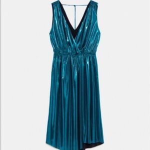 Zara Teal Metallic V-Neck Dress